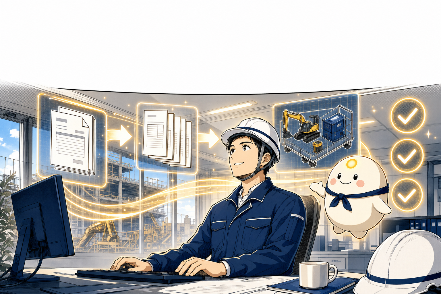 BuildOS — リーちゃんが、整理された請求書・日報・安全確認・資材発注を AI が承認カードで回すワークフローを案内する様子
