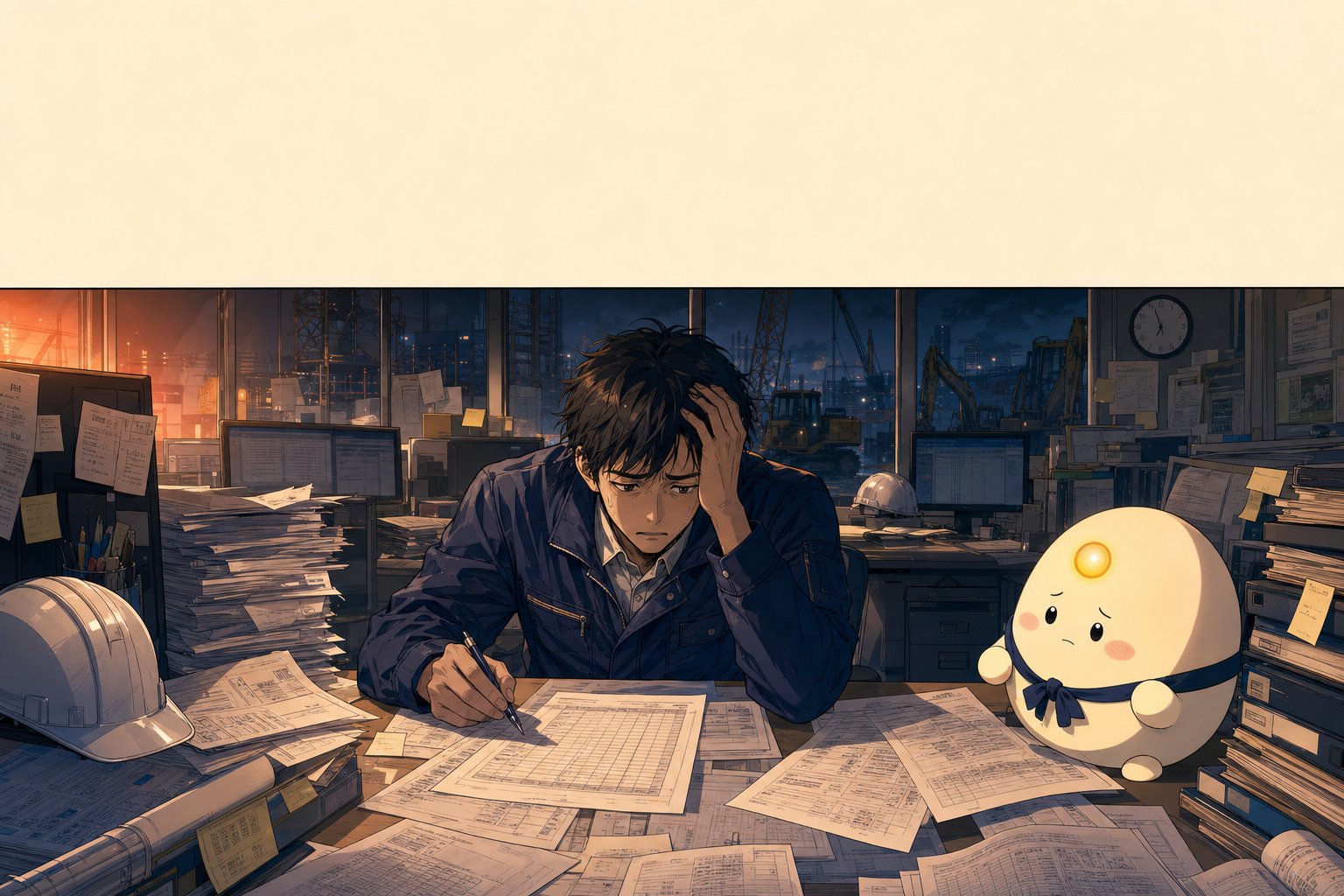 BuildOS — リーちゃんが、紙伝票と Excel に埋もれる建設現場の事務を心配そうに見ている様子